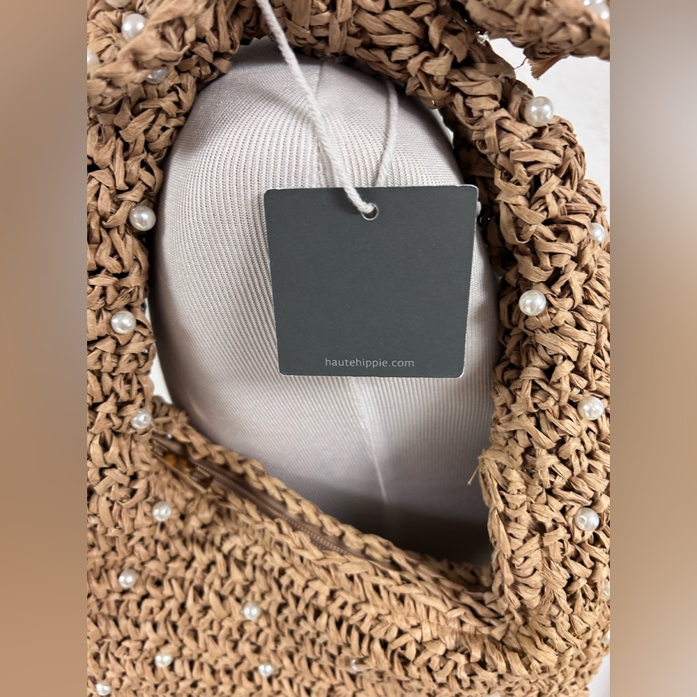 NWT Haute Hippie Straw Pearl-Embellished Woven Shoulder Hobo Bag in Natural Tan - Picture 12 of 12